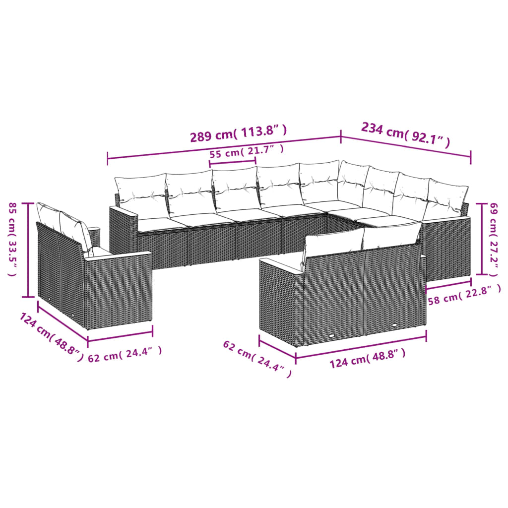 vidaXL Set de sofás de jardín 12 pzas con cojines ratán sintético gris
