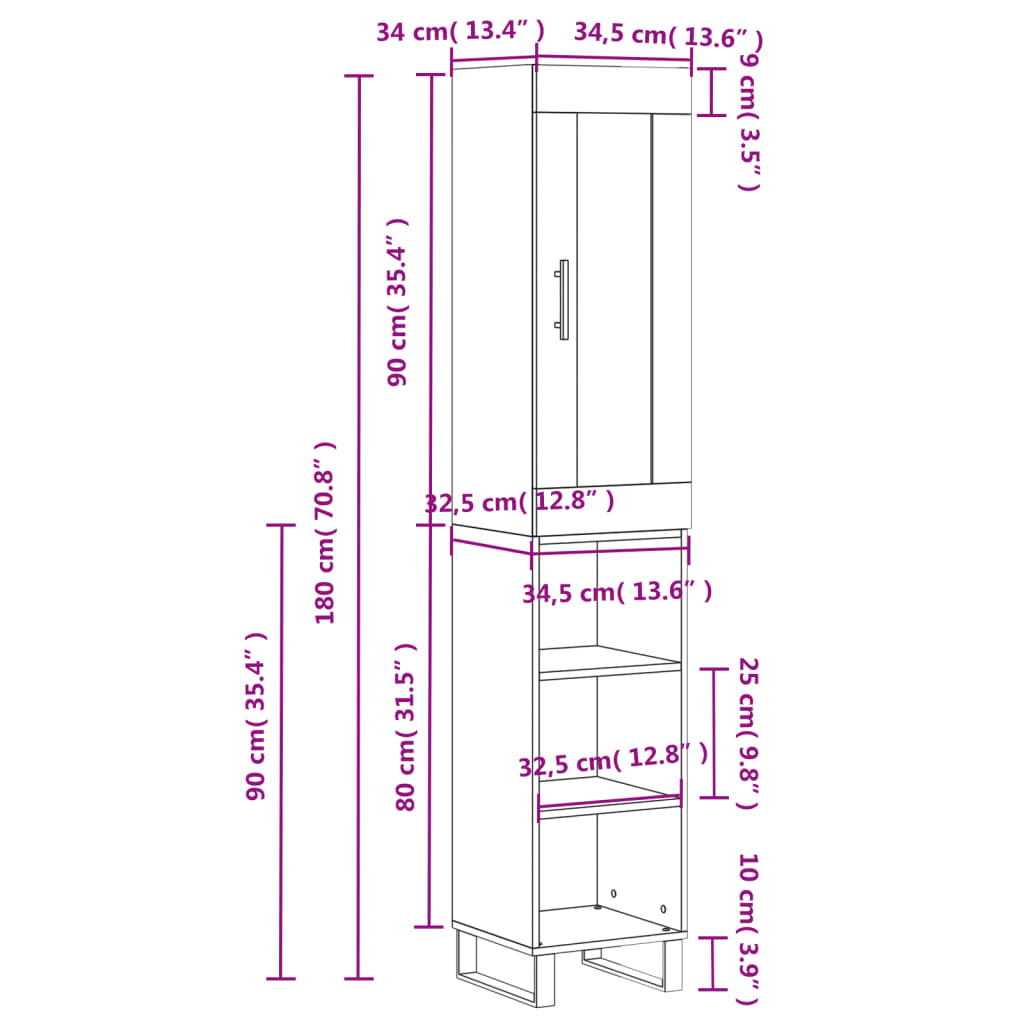 vidaXL Aparador alto madera contrachapada blanco 34,5x34x180 cm
