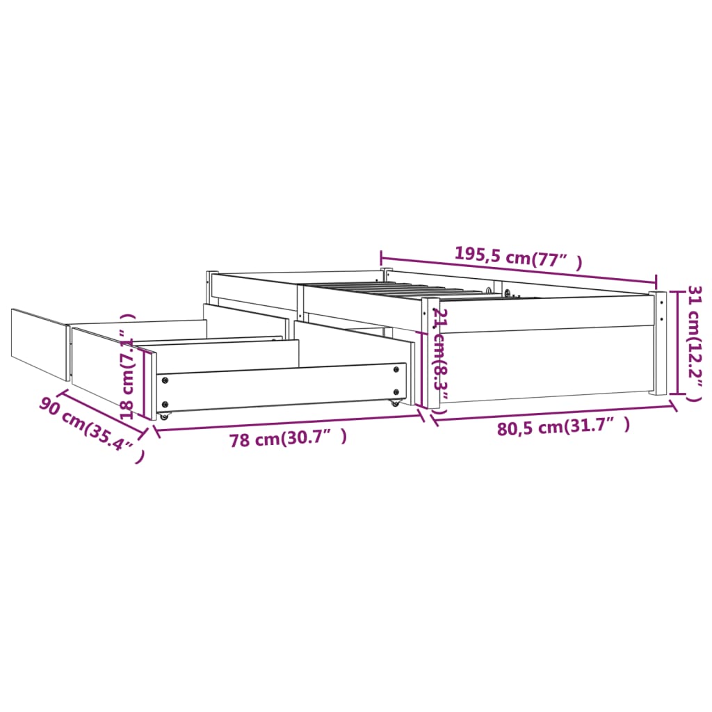 vidaXL Estructura de cama con cajones blanco 75x190 cm