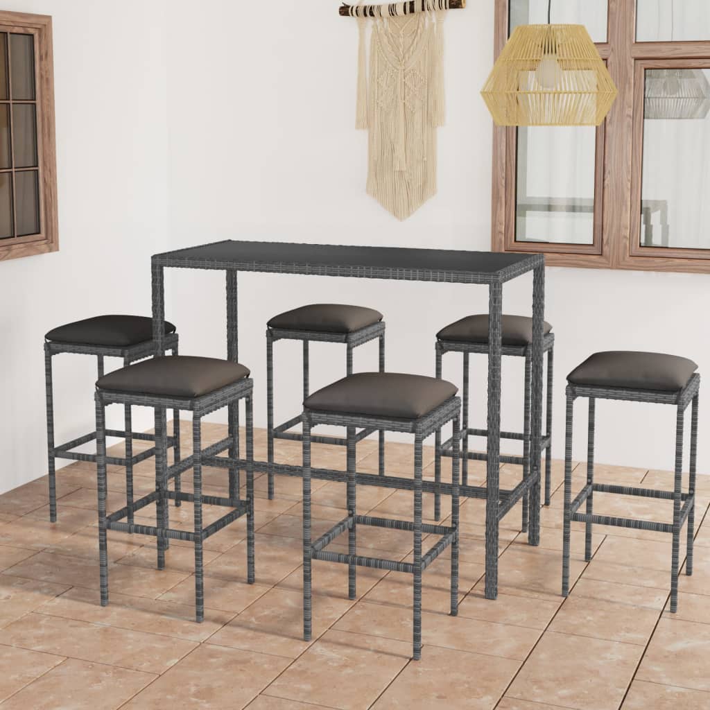 vidaXL Set muebles bar jardín 7 piezas y cojines ratán sintético gris