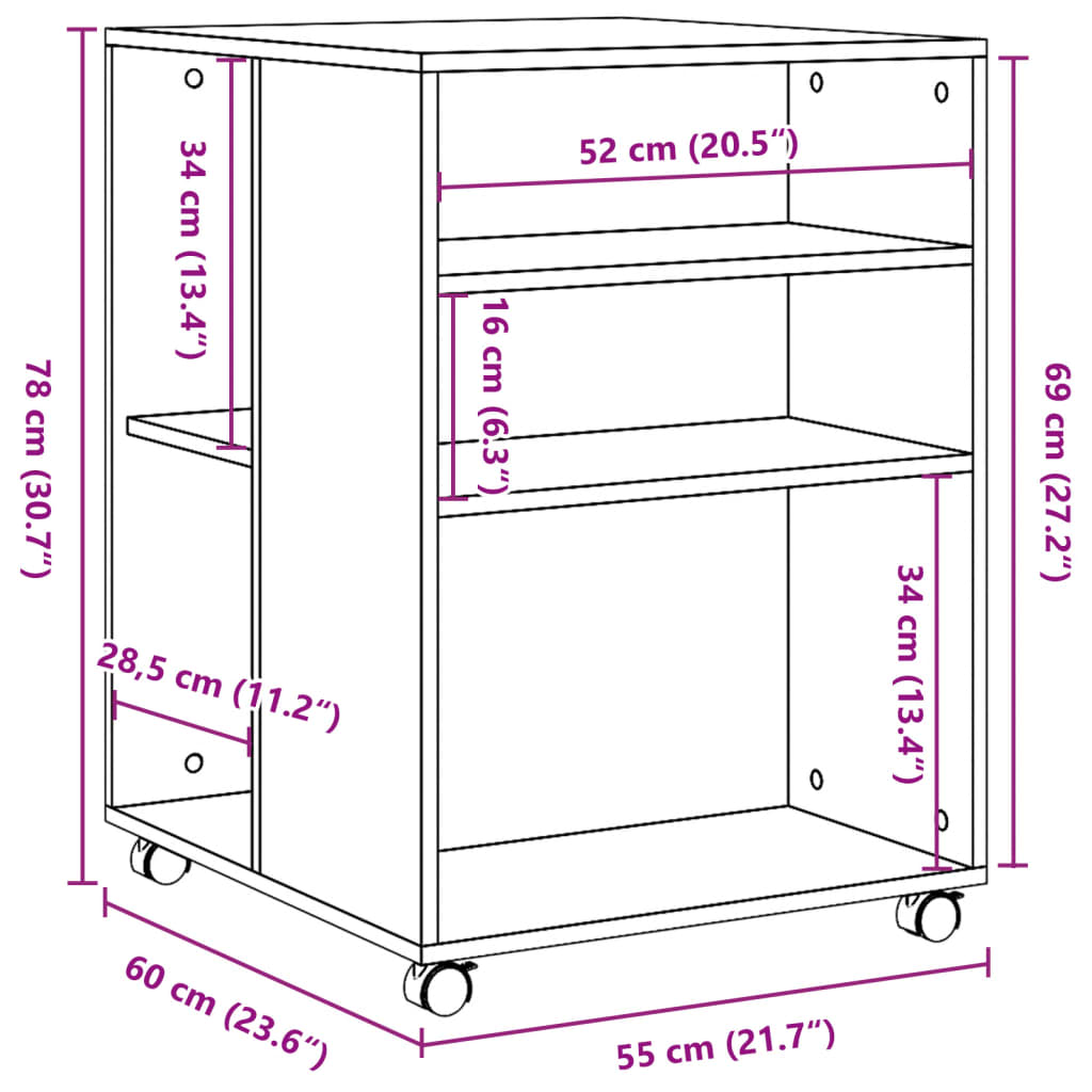 vidaXL Mesa auxiliar ruedas madera ingeniería gris hormigón 55x60x78cm