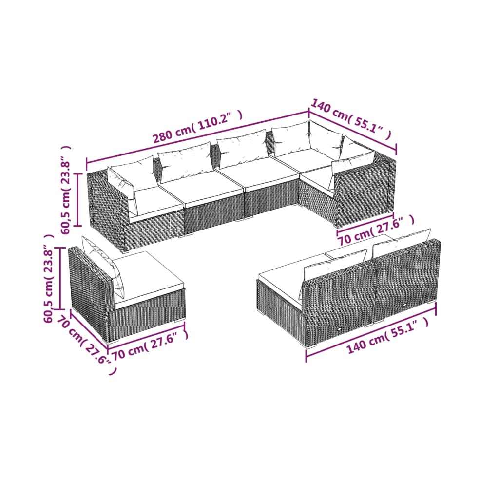 vidaXL Set de sofás de jardín 8 piezas y cojines ratán sintético gris