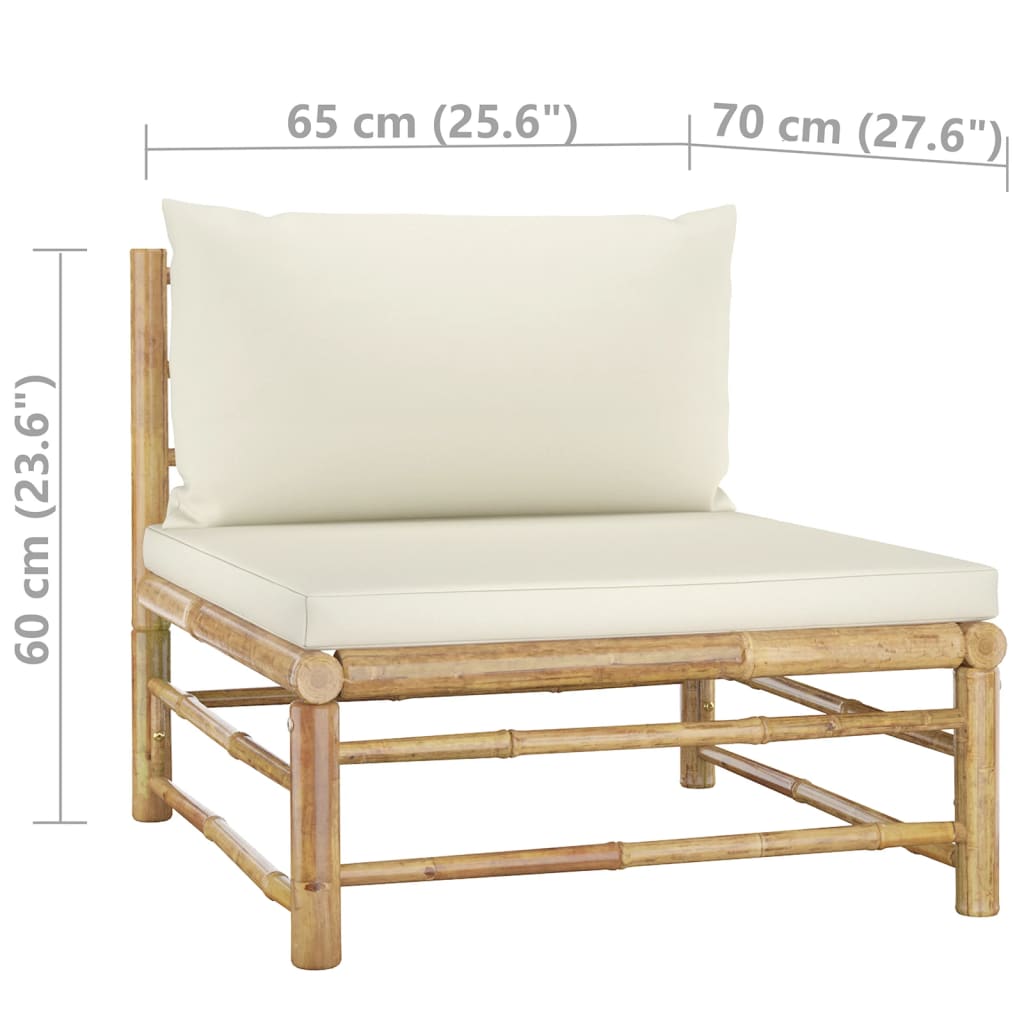 vidaXL Set de muebles de jardín 3 piezas bambú y cojines blanco crema