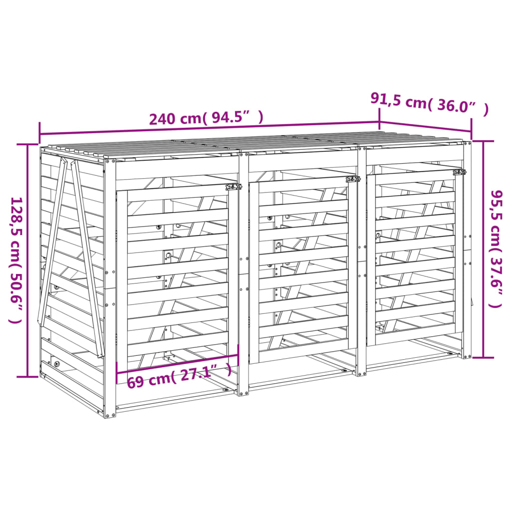 vidaXL Cobertizo triple para cubos de basura madera maciza pino blanco