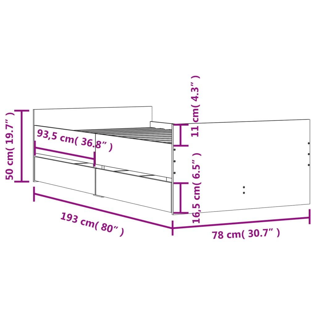 vidaXL Estructura de cama con cajones gris hormigón 75x190 cm