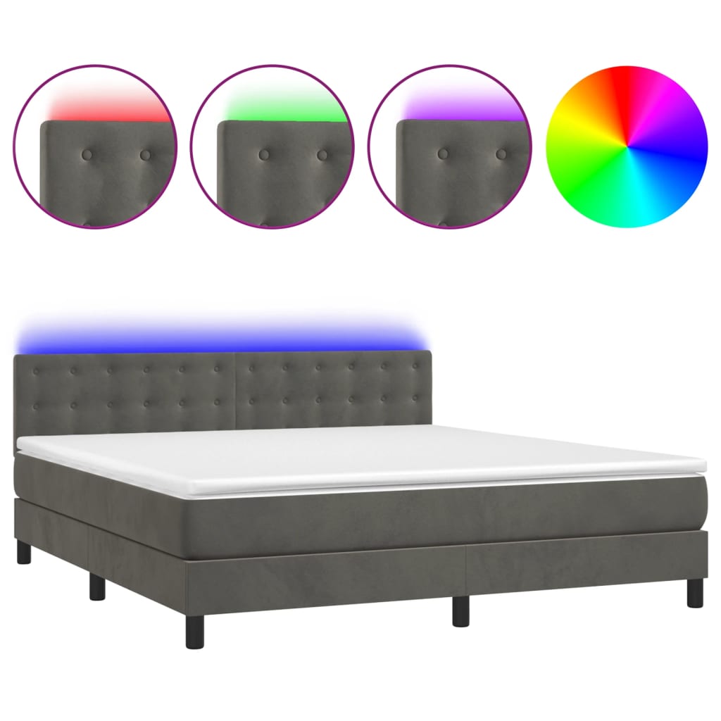 vidaXL Cama box spring colchón y LED terciopelo gris oscuro 180x200 cm