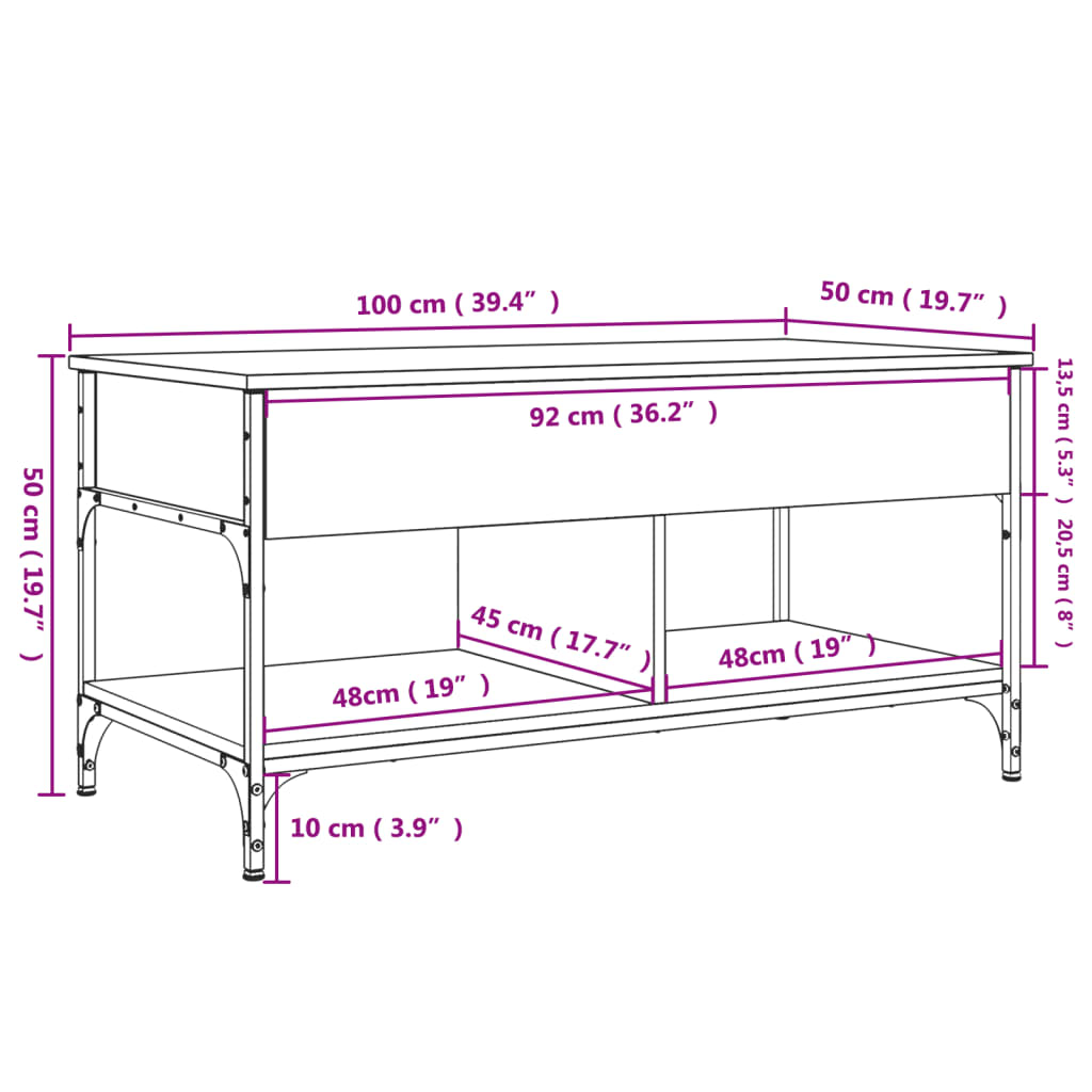 vidaXL Mesa de centro madera ingeniería metal gris Sonoma 100x50x50 cm