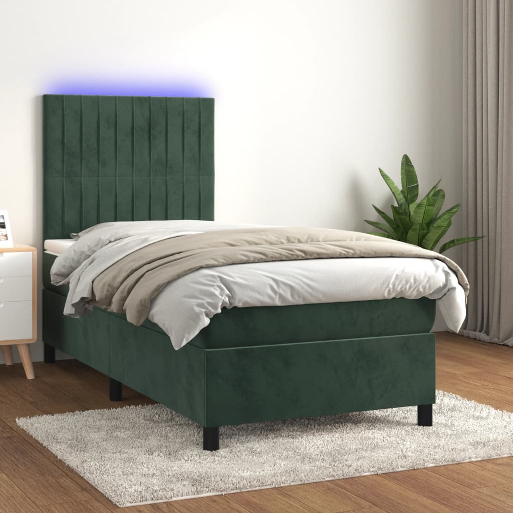 vidaXL Cama box spring colchón y LED terciopelo verde oscuro 90x190 cm