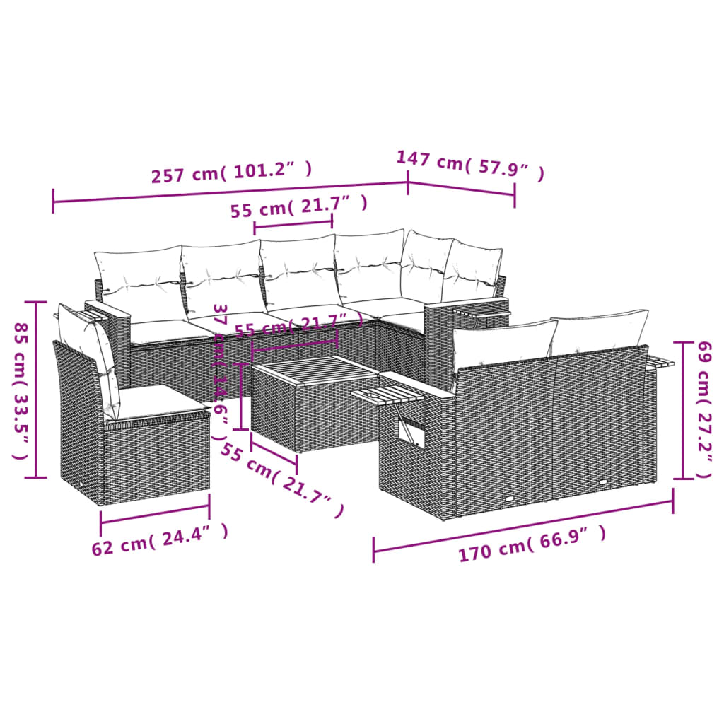 vidaXL Set de sofás de jardín 9 pzas con cojines ratán sintético beige