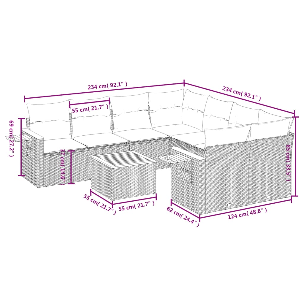 vidaXL Set de sofás de jardín 9 pzas con cojines ratán sintético beige