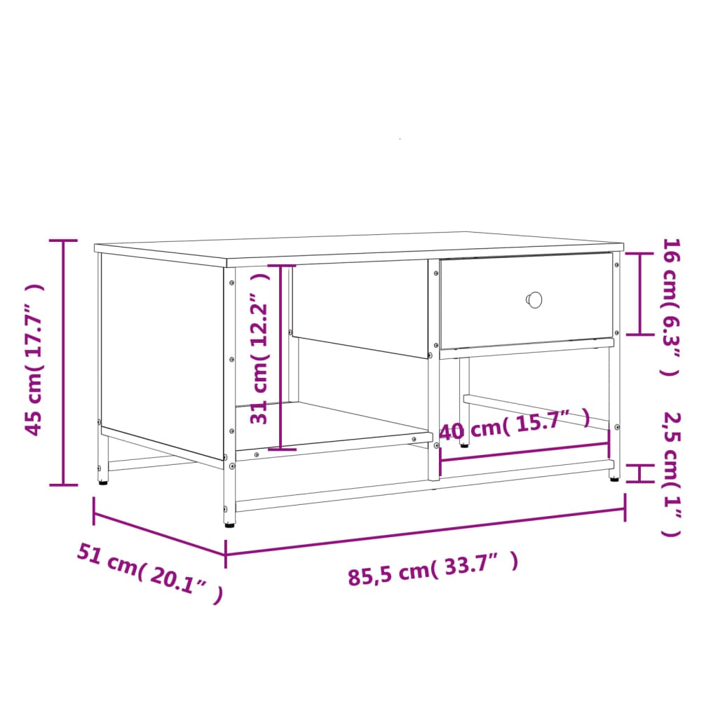 vidaXL Mesa de centro madera de ingeniería negra 85,5x51x45 cm