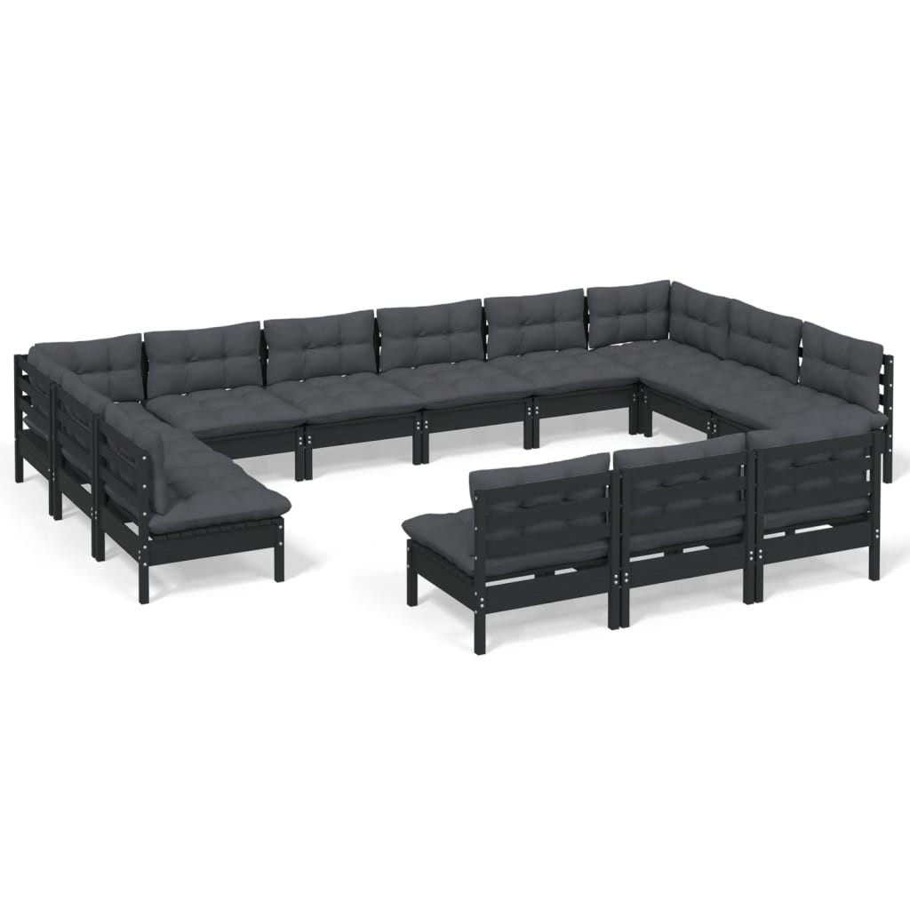 vidaXL Muebles de jardín 13 pzas y cojines negro madera maciza de pino