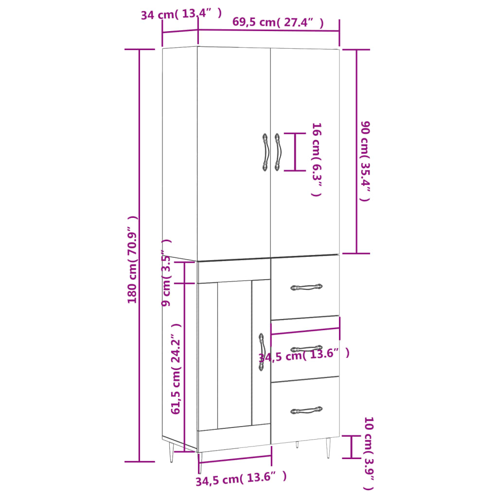 vidaXL Aparador alto madera contrachapada blanco 69,5x34x180 cm