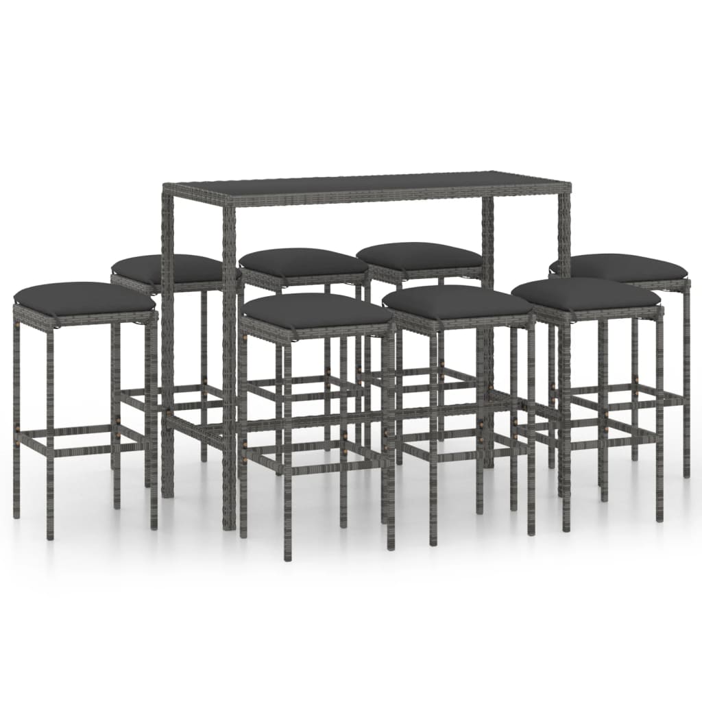 vidaXL Set muebles bar jardín 9 piezas y cojines ratán sintético gris