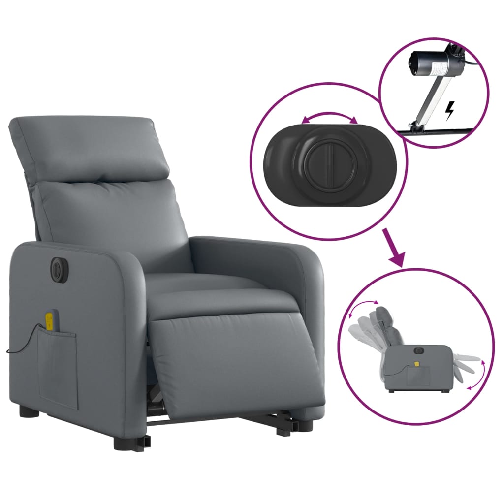 vidaXL Sillón de masaje elevable eléctrico cuero sintético gris