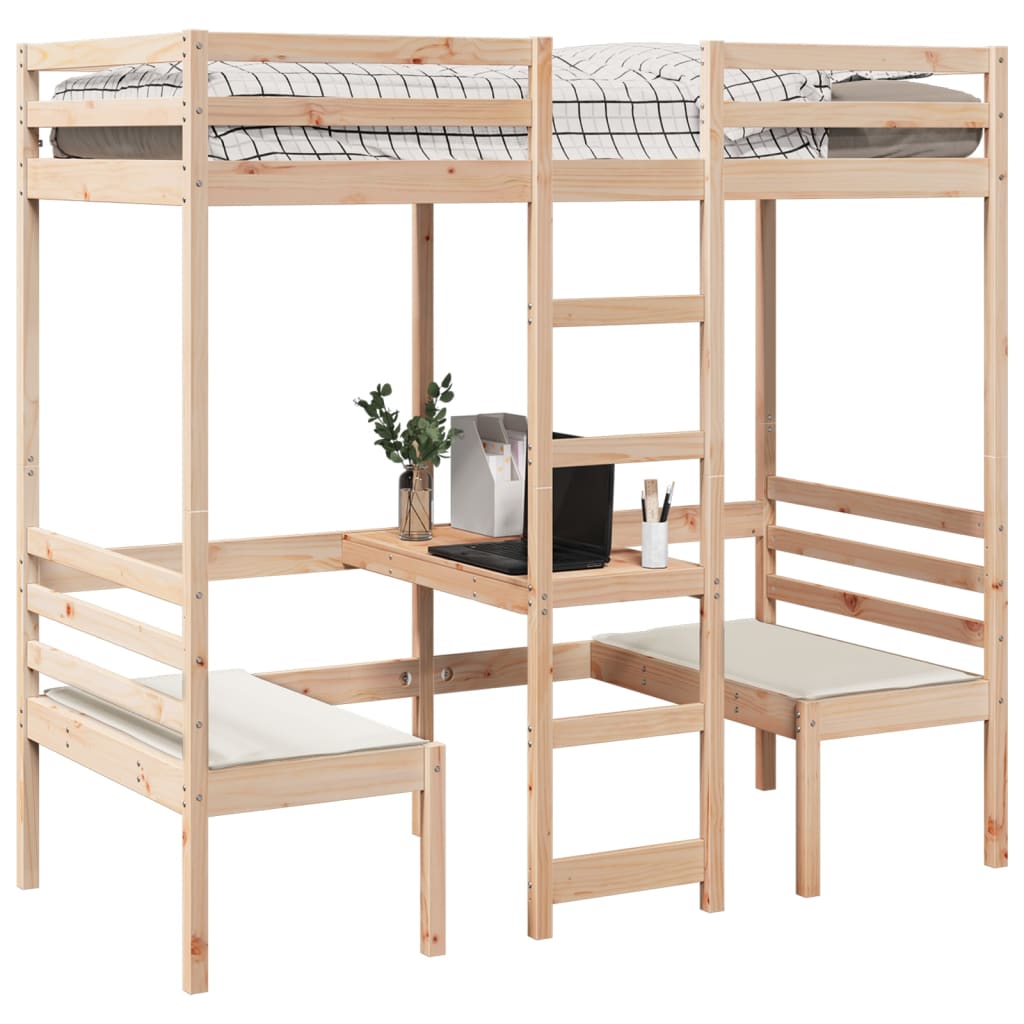 vidaXL Cama alta con escritorio y asientos madera maciza 75x190 cm