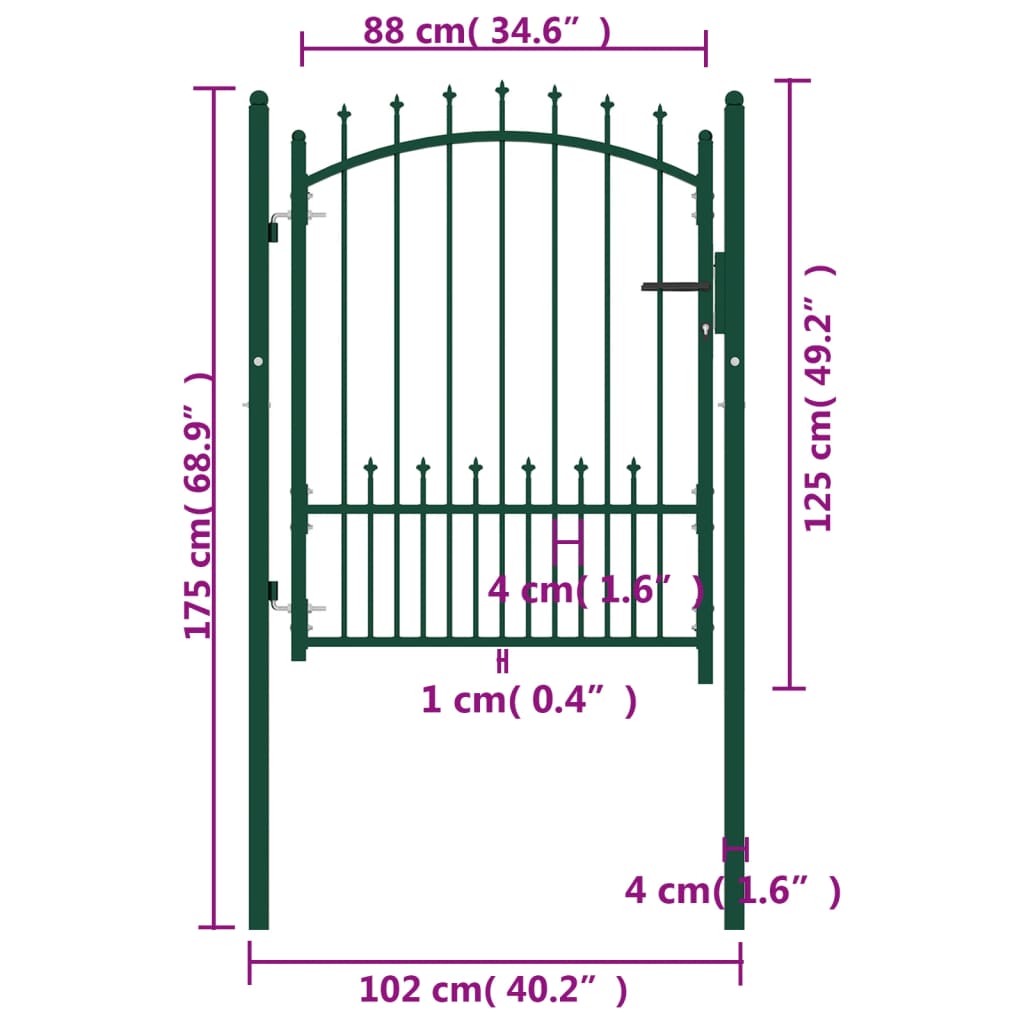 vidaXL Puerta de valla con picos acero verde 100x125 cm