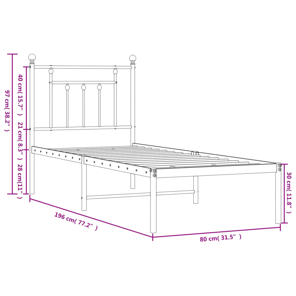 vidaXL Estructura cama sin colchón con cabecero metal blanco 75x190 cm