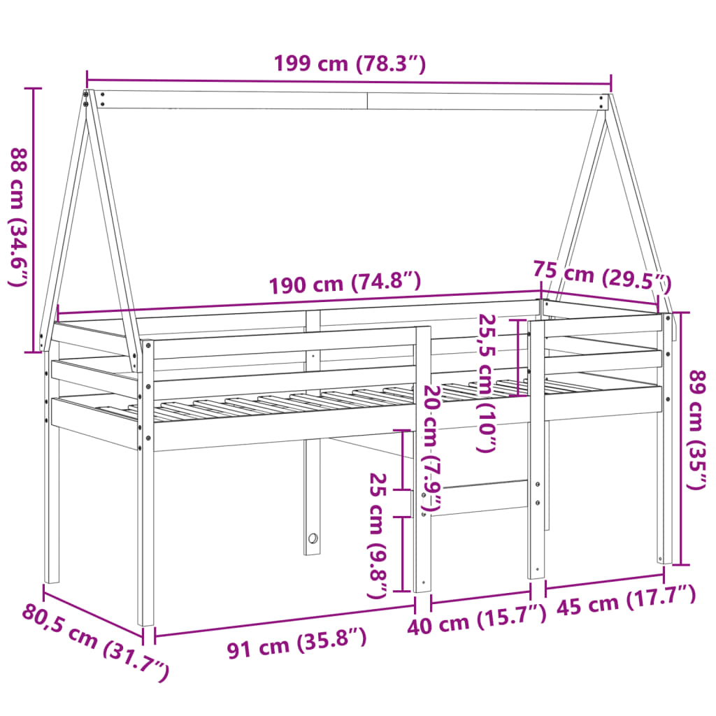 vidaXL Cama alta con techo madera maciza de pino marrón cera 75x190 cm