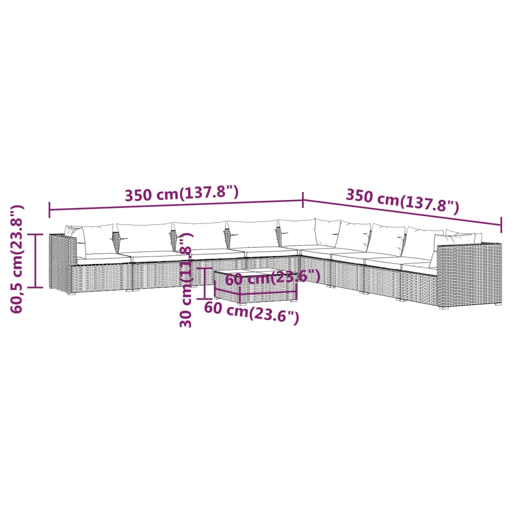 vidaXL Set muebles de jardín 10 pzas y cojines ratán sintético negro