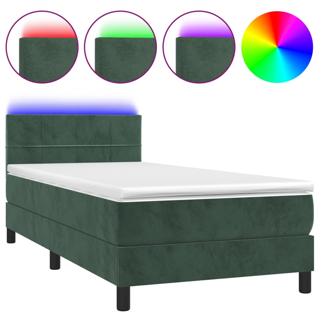 vidaXL Cama box spring colchón y LED terciopelo verde oscuro 100x200cm