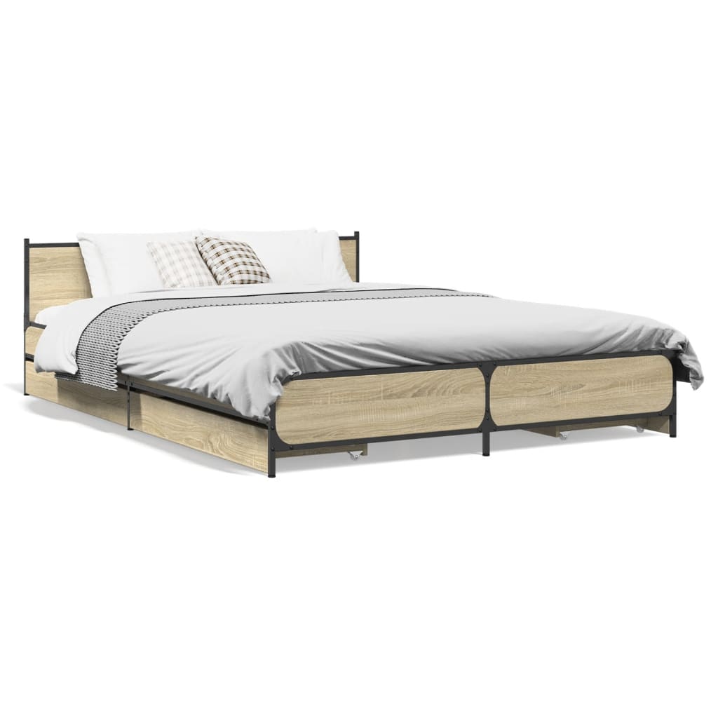 vidaXL Cama con cajones madera ingeniería roble Sonoma 135x190 cm