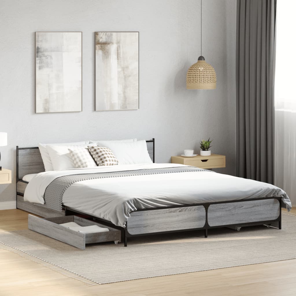 vidaXL Cama con cajones madera ingeniería gris Sonoma 160x200 cm