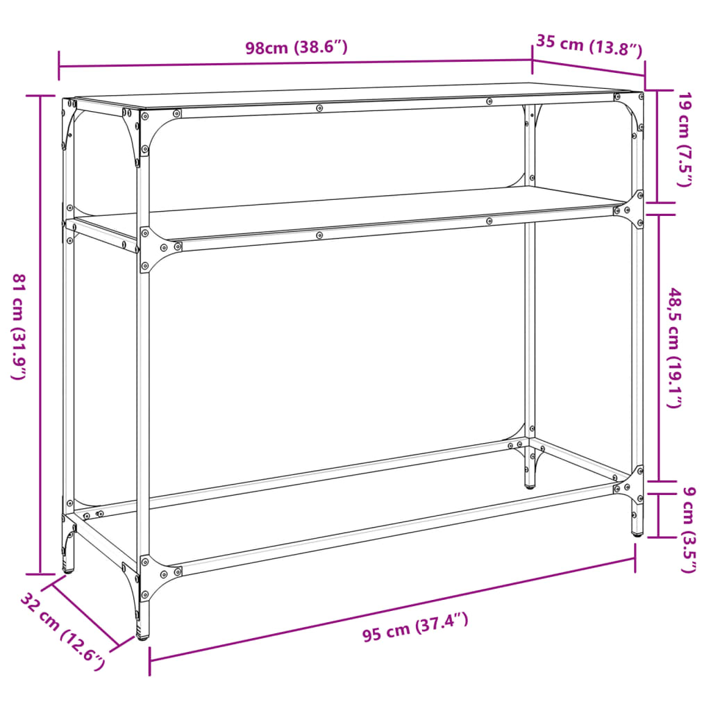 vidaXL Mesa consola superficie vidrio transparente acero 98x35x81 cm