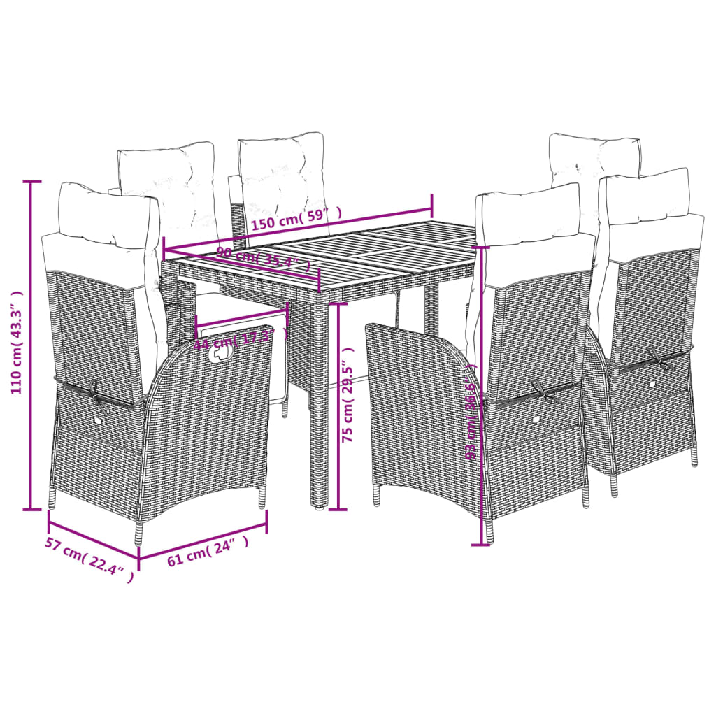 vidaXL Set comedor jardín 7 pzas y cojines ratán sintético gris