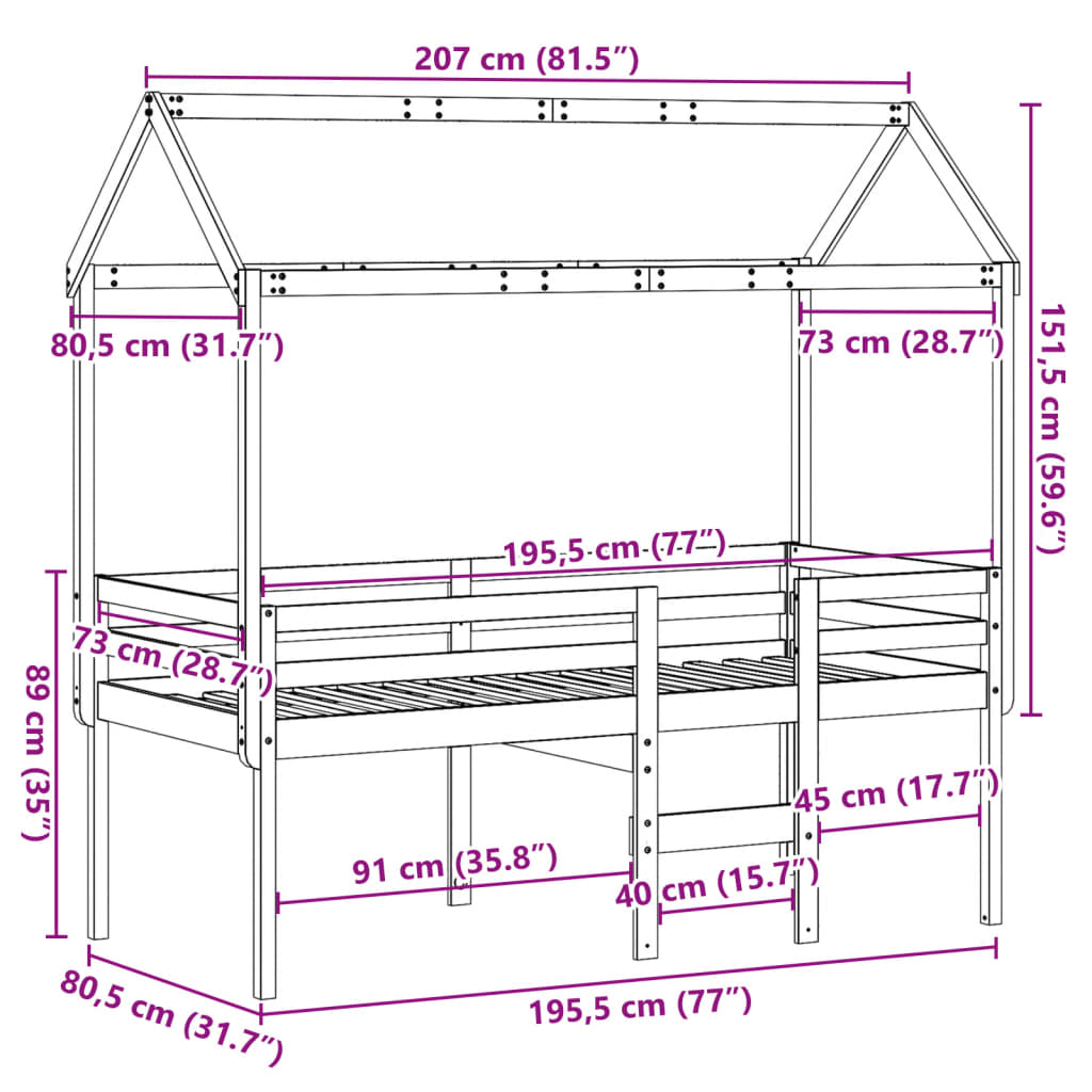 vidaXL Cama alta con techo madera maciza de pino marrón cera 75x190 cm