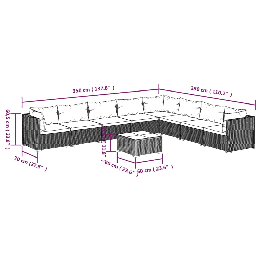 vidaXL Set muebles de jardín 9 piezas y cojines ratán sintético marrón