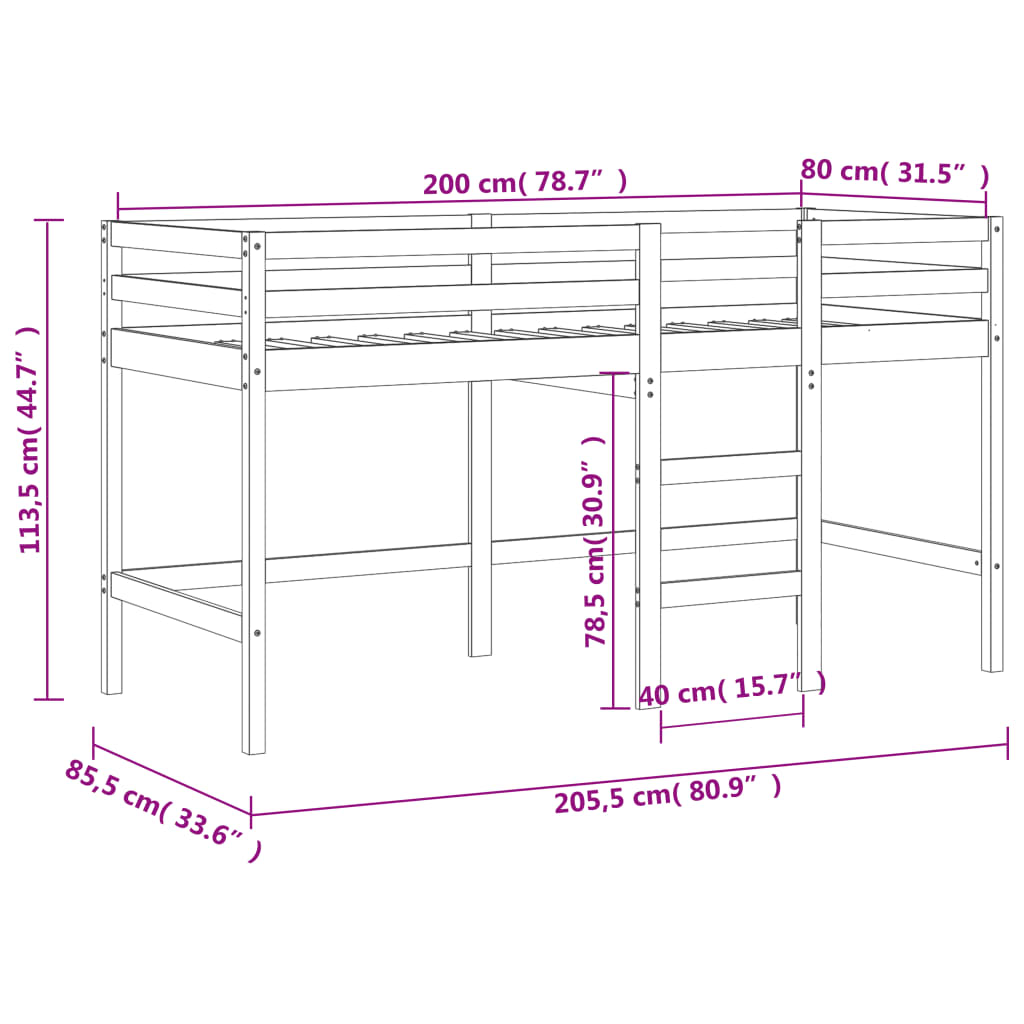 vidaXL Cama alta para niños con cortinas madera pino rosa 80x200 cm