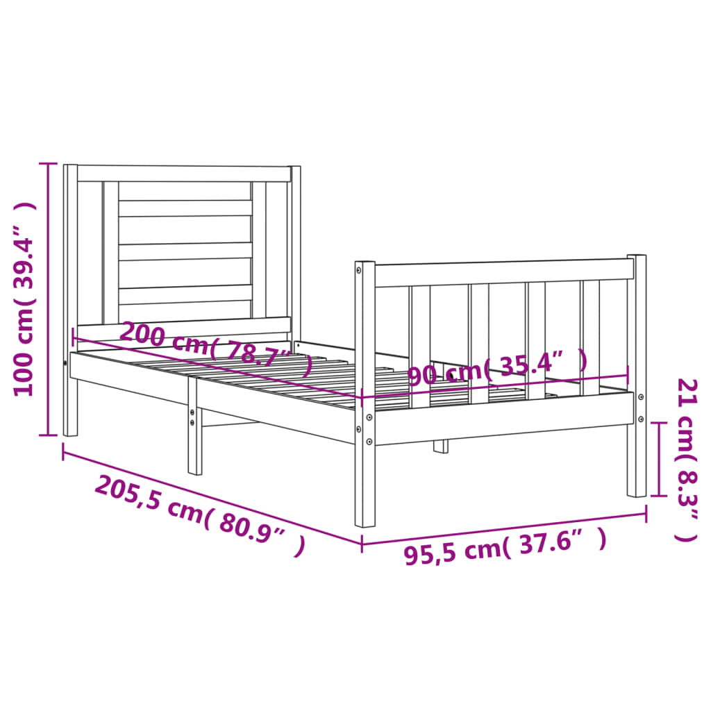 vidaXL Estructura de cama con cabecero madera maciza negro 90x200 cm