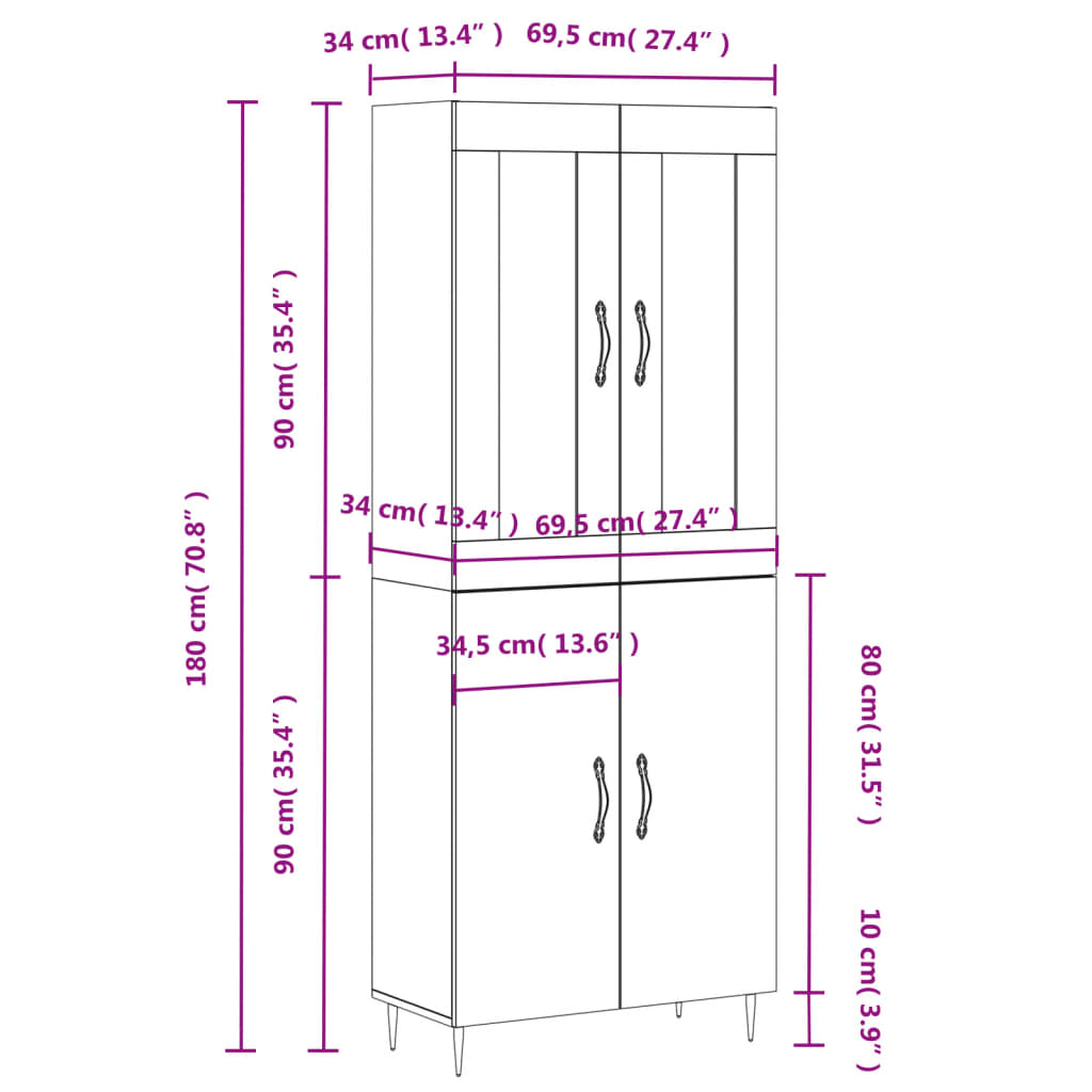 vidaXL Aparador alto madera contrachapada roble ahumado 69,5x34x180 cm