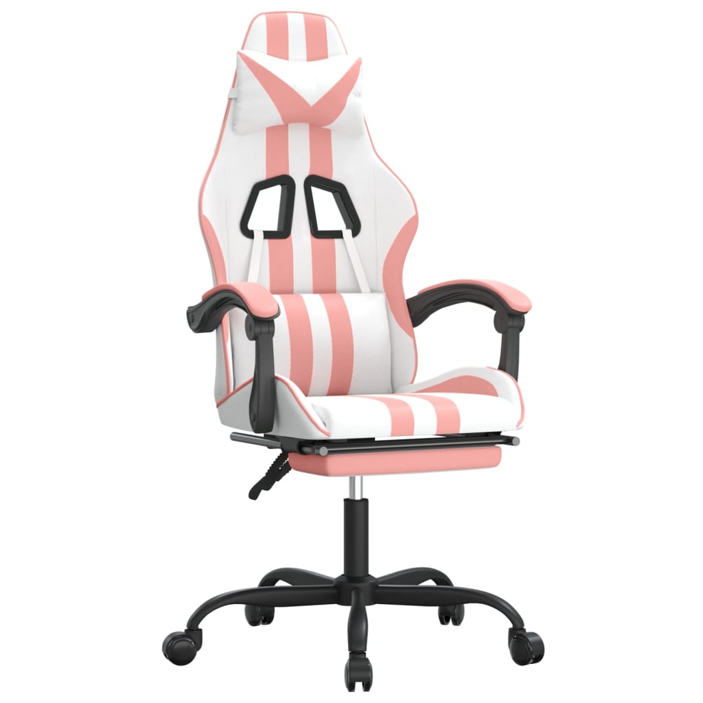 vidaXL Silla gaming giratoria y reposapiés cuero sintético blanco rosa