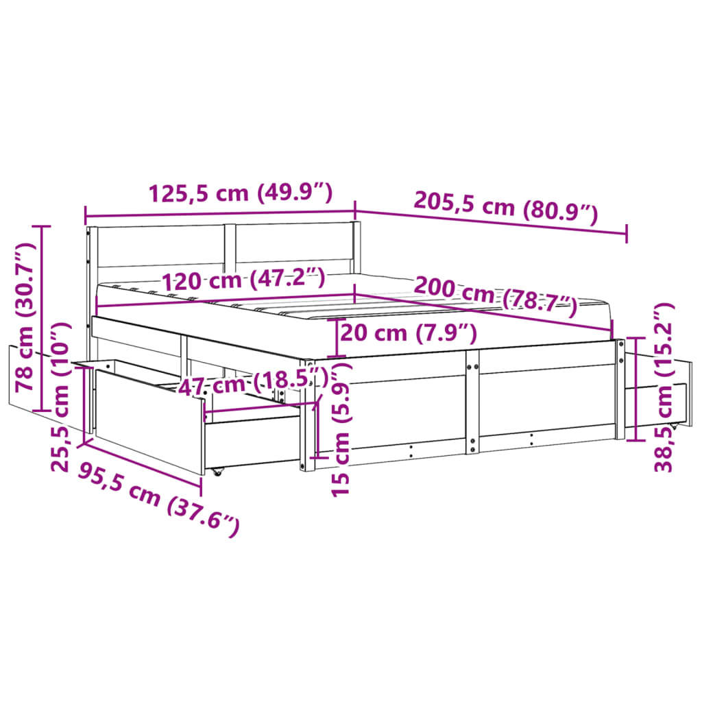 vidaXL Cama con cajones y colchón madera maciza de pino 120x200 cm