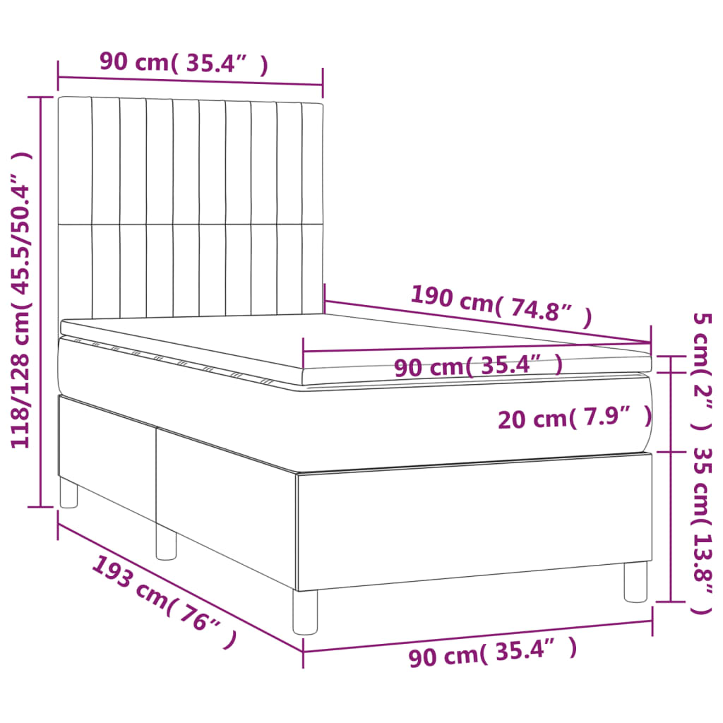 vidaXL Cama box spring colchón y LED terciopelo verde oscuro 90x190 cm