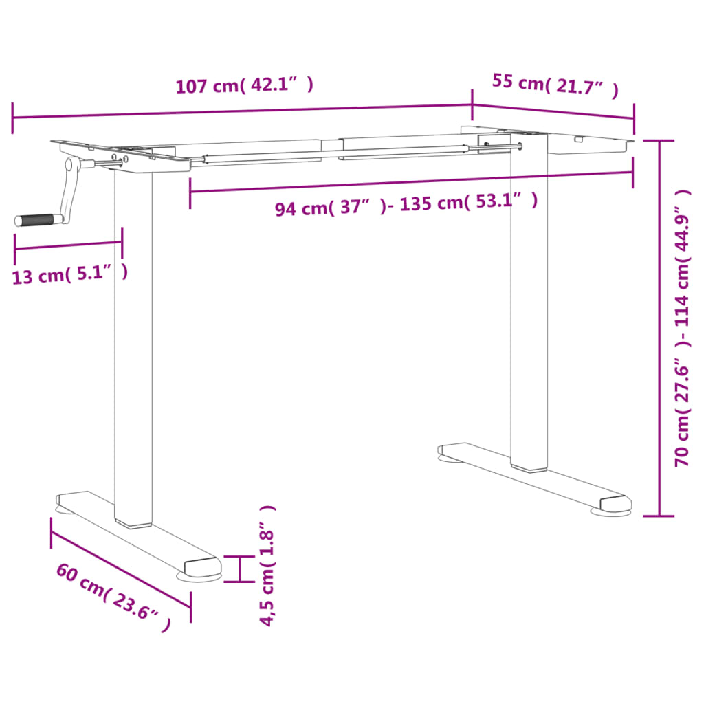 vidaXL Marco de escritorio de pie acero negro (94-135)x60x(70-114) cm