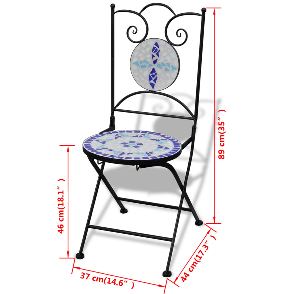 vidaXL Sillas de jardín bistró plegables 2 uds cerámica azul y blanco