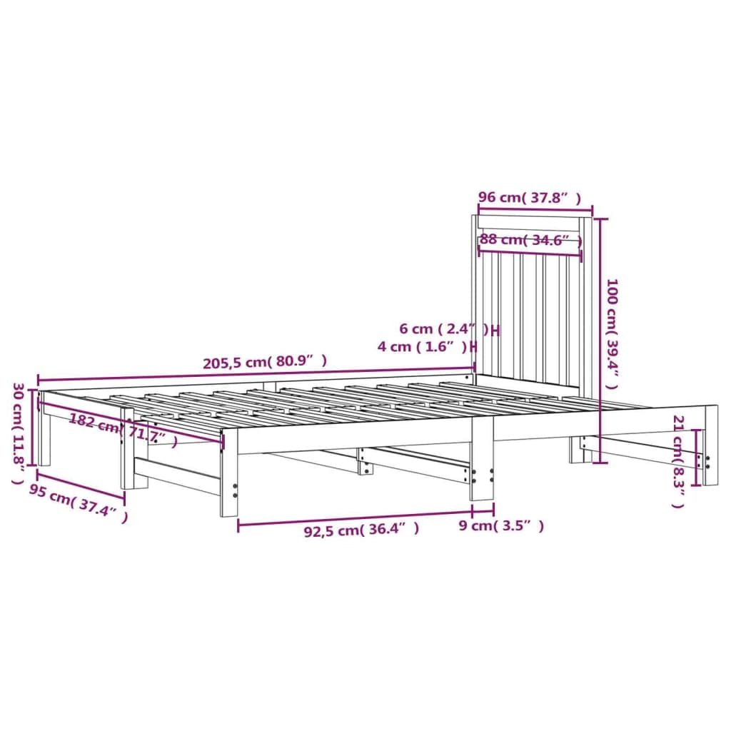 vidaXL Sofá cama extraíble madera maciza de pino negro 2x(90x200) cm