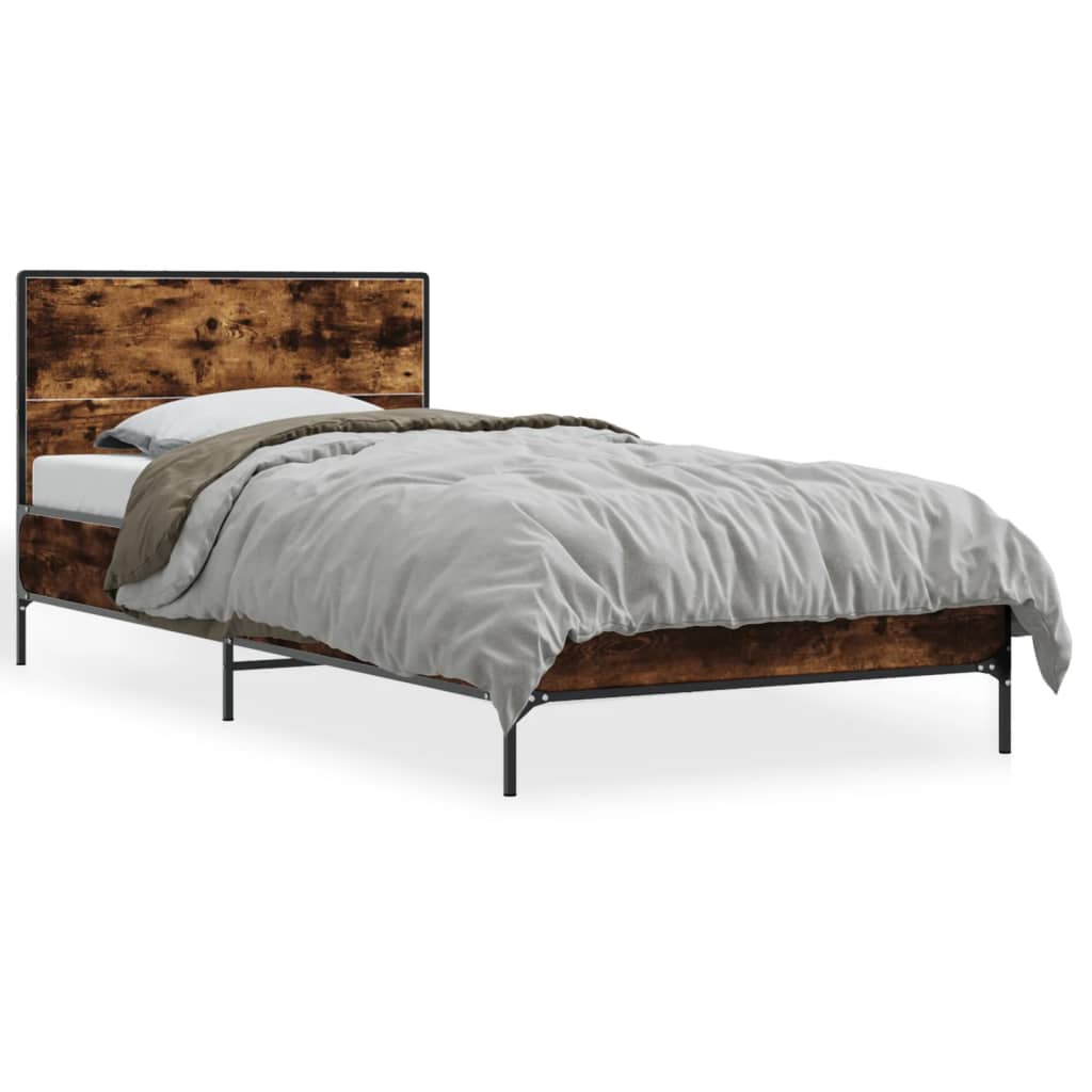 vidaXL Estructura cama madera ingeniería metal roble ahumado 90x190 cm