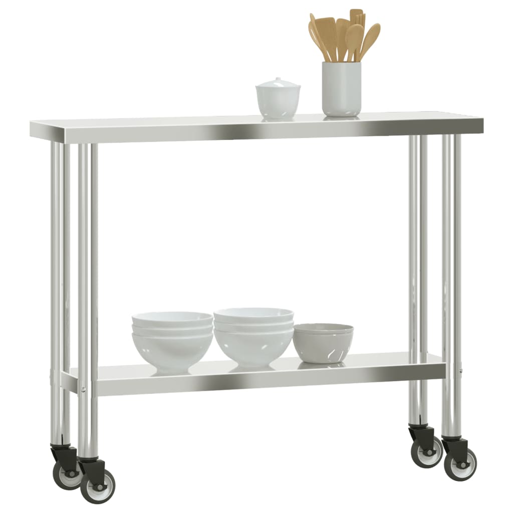 vidaXL Mesa de trabajo de cocina con ruedas acero inox 110x30x85 cm