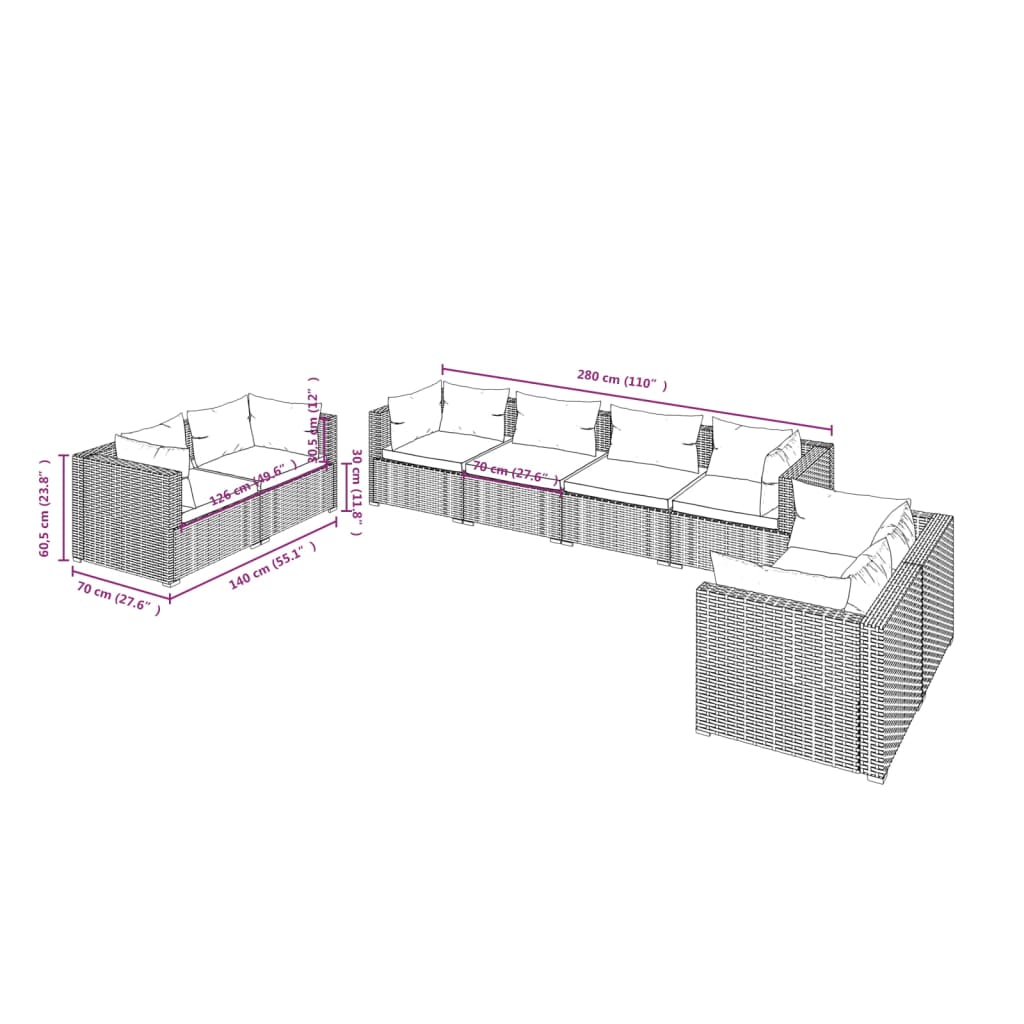 vidaXL Set de muebles de jardín 8 pzas y cojines ratán sintético negro