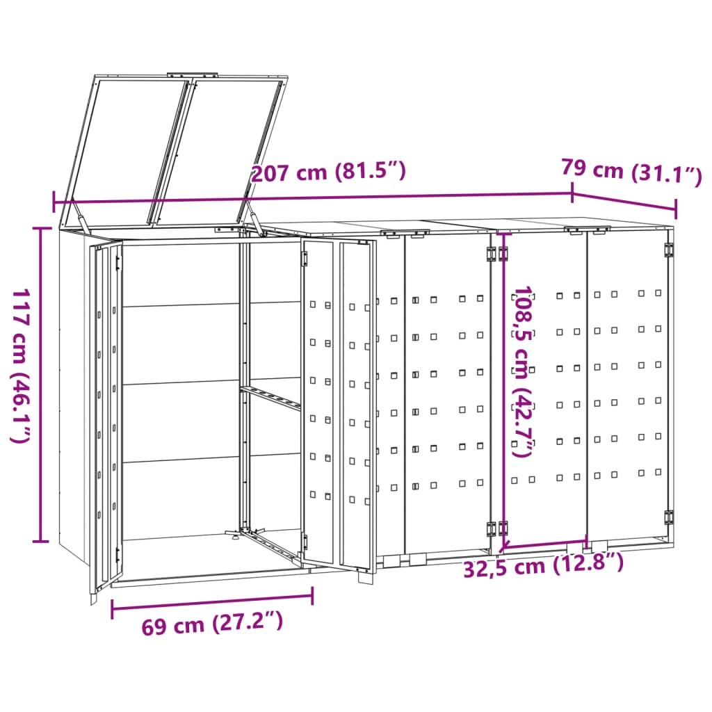 vidaXL Cobertizo de 3 contenedores de basura acero gris 207x79x117 cm