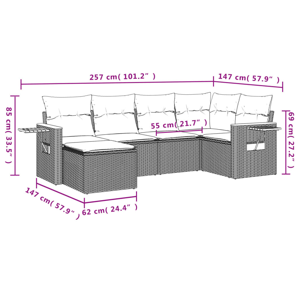 vidaXL Set de muebles de jardín 6 pzas y cojines ratán sintético gris