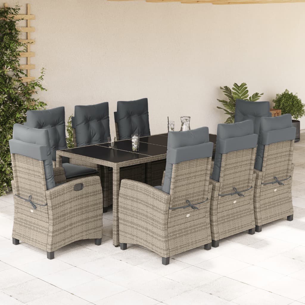 vidaXL Set comedor jardín 9 pzas y cojines ratán sintético gris