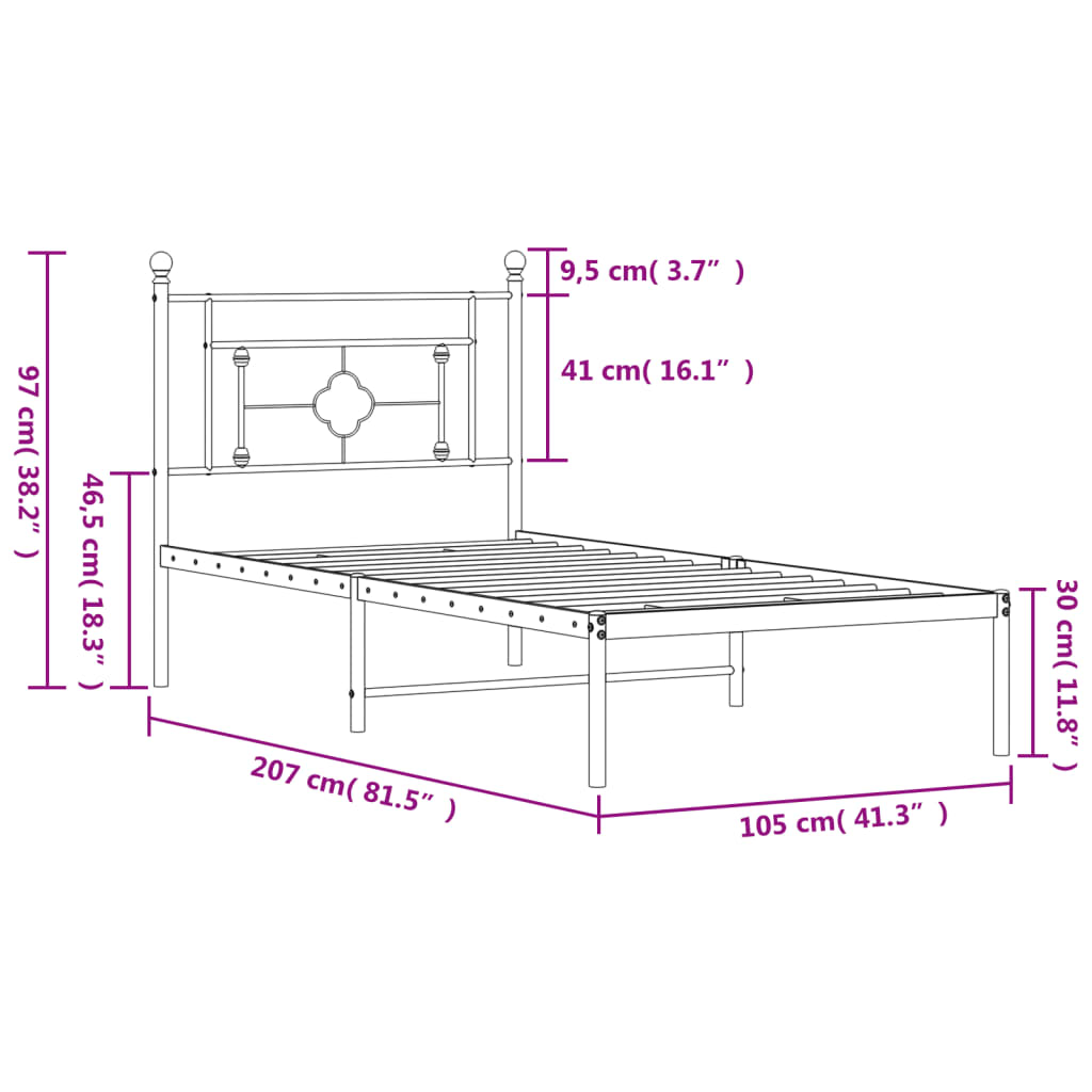 vidaXL Estructura cama sin colchón con cabecero metal negro 100x200 cm