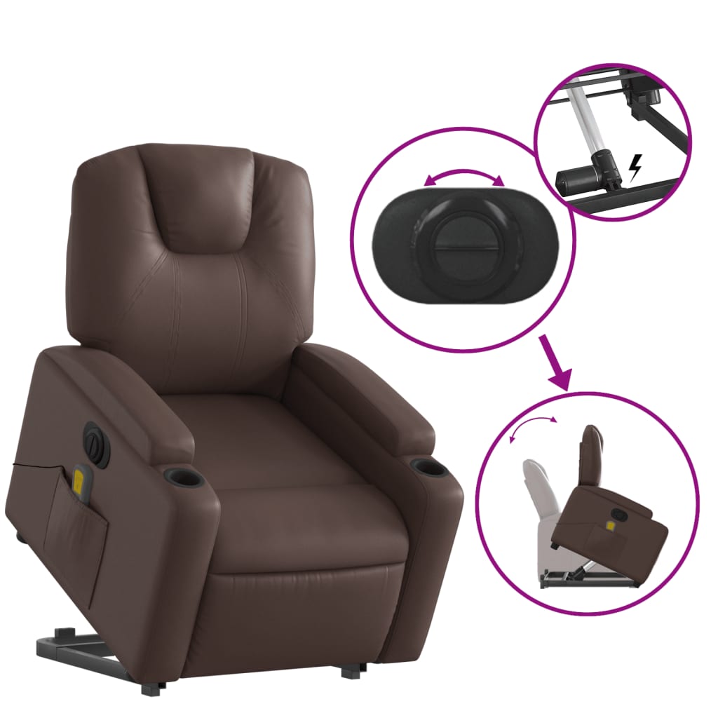 vidaXL Sillón de masaje elevable eléctrico cuero sintético marrón