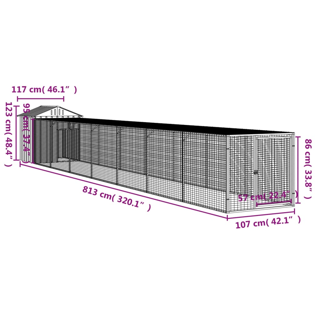 vidaXL Gallinero con corral acero galvanizado gris claro 117x813x123cm