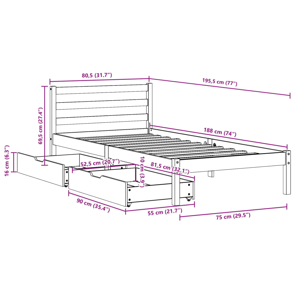 vidaXL Estructura de cama sin colchón madera maciza blanca 75x190 cm